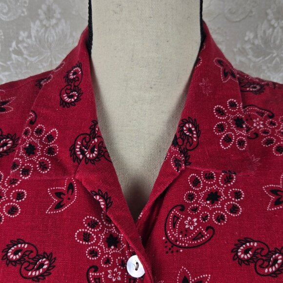Coldwater Creek Size Small Red Bandana Print Shirt Dress Sleeveless Linen Blend - Picture 5 of 15